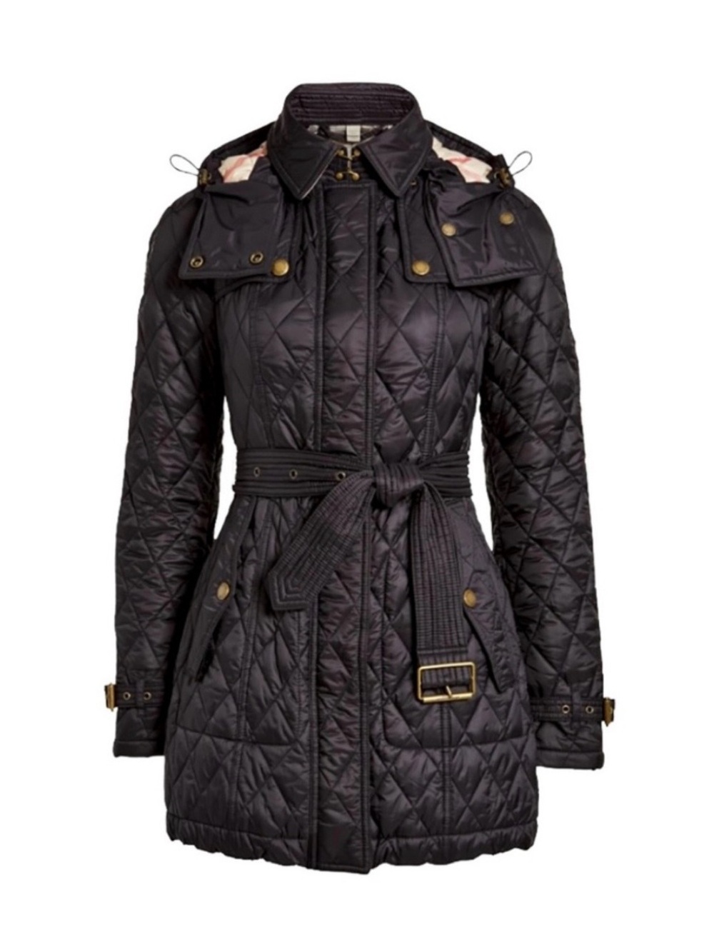 BURBERRY Finsbridge Black Belted Quilted Jacket W Detachable Hood Size L - Picture 2 of 10